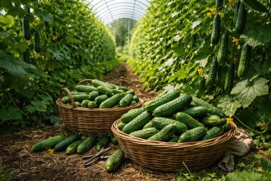 Bountiful harvest of organic cucumbers inside a vegetable garden polytunnel