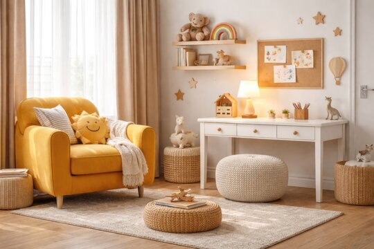 Stylish children's interior with yellow armchair and white desk accompanied by pouf