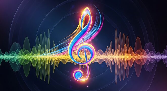 Neon music note with sound wave and vibrant light trails on dark background