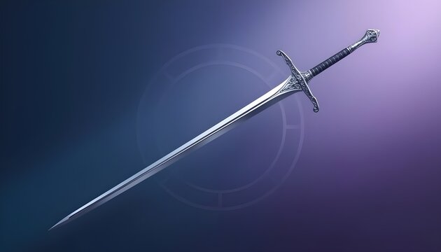 3D medieval sword illustration with polished steel blade and dark grip presented on gradient background highlighting symmetry