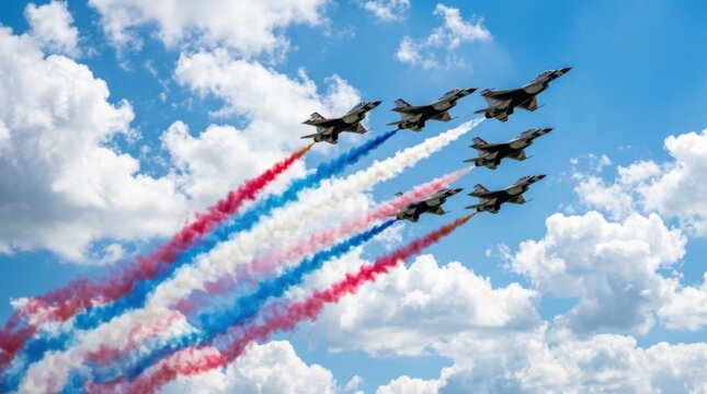 Military Fighter Jets Leaving Tricolor Smoke Trails in the Sky