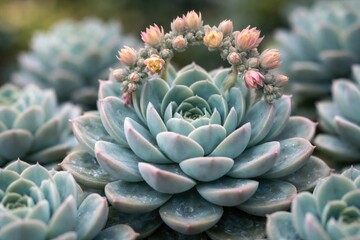 Obraz premium Close view of blue Echeveria succulents with crown-like flower bud arrangement