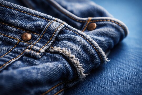 Macro shot of rugged denim jeans material on smooth blue background