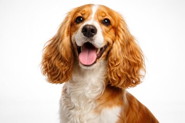 Fototapeta premium Energetic English Cocker Spaniel canine smiling on simple white photographic background