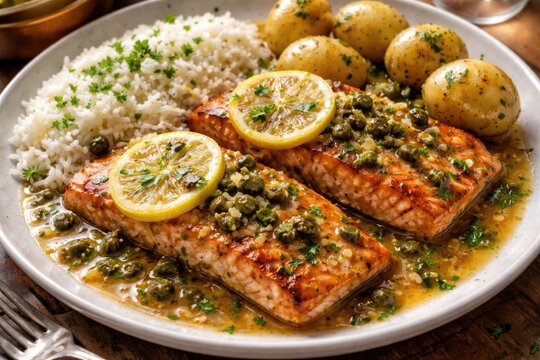 Savory salmon piccata cooked in lemon garlic caper butter sauce with a side of rice and boiled potatoes