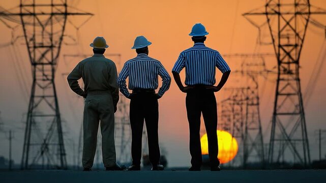 Power Vision: Three professionals in protective headgear survey a network of imposing power lines during the golden hour, embodying industry prowess and a commitment to infrastructure.