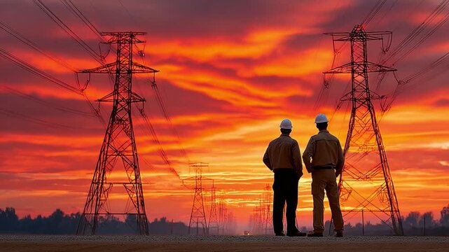 Power Visionaries: Two engineers stand, gazing at the imposing framework of a power grid against the canvas of a vivid, fiery sunset.