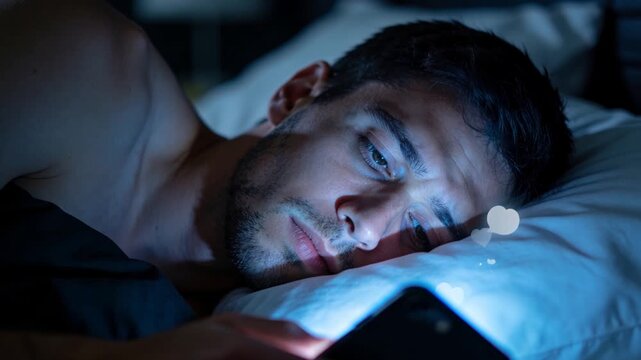 Anxious man lying awake in bed overwhelmed by social media notifications at night.