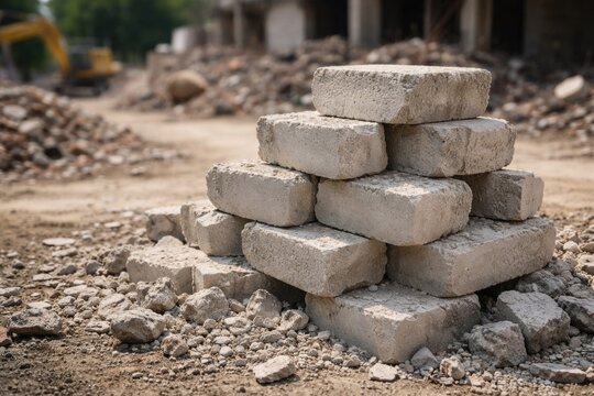 Stacked aerated concrete block fragments at building site showing debris and copy space