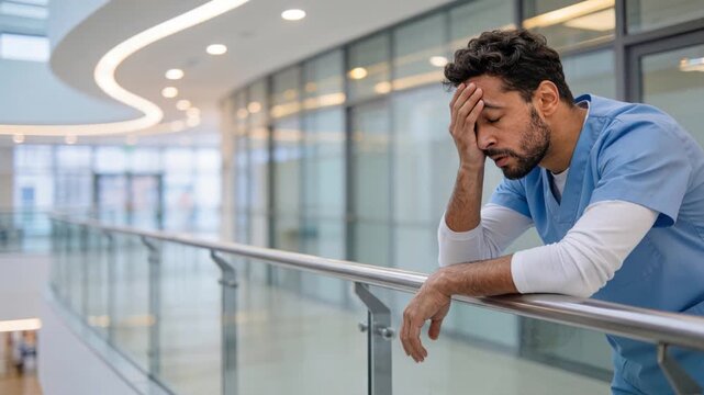 Exhausted male healthcare worker in hospital corridor coping with stress and burnout during a demanding shift, with copy space.