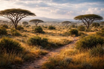 Fototapeta premium Savannah and shrub biome characteristics in a temperate steppe with moderate rainfall and grass