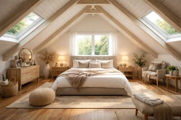 Fototapeta premium Open attic bedroom design with white walls, hardwood floors, and double bed setup