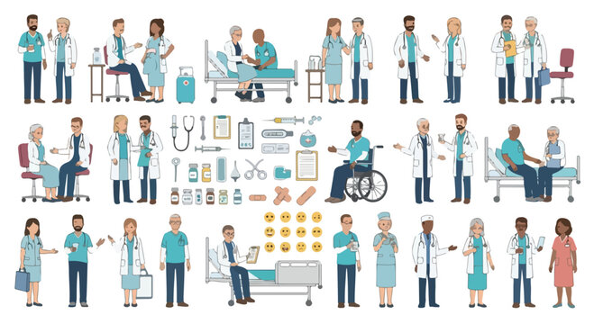 Medical professional character set with doctors and nurses, healthcare staff and patient collection, flat vector hospital equipment icons
