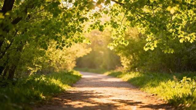 Peaceful sunlit forest path surrounded by lush green leaves creating warm natural fresh and relaxing atmosphere perfect for nature backgrounds and outdoor relaxation scenes