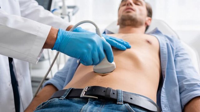 Doctor performing abdominal ultrasound examination on male patient in a modern medical clinic.