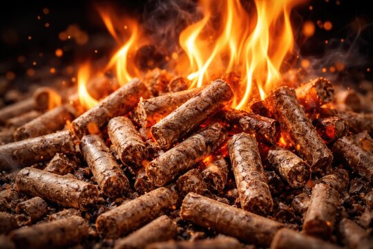 Close detailed image of oak biomass pellets burning with heat