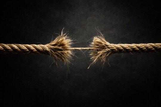 Strained rope fiber conveying precarious hold and uncertainty on black textured base with copy space