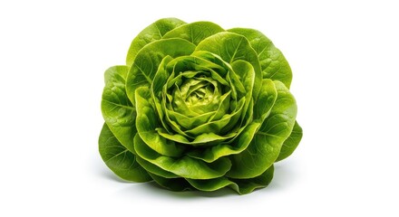 Obraz premium Vibrant green head of fresh organic lettuce resting on a seamless white background, featuring crisp leaves and natural soft shadows, grocery, kitchen, produce