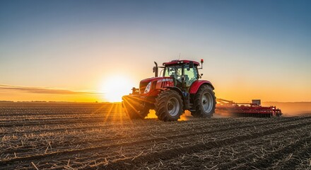 Fototapeta premium Vibrant red tractor cultivates a vast rural field at dawn, with golden sunlight illuminating the dust and soil in a modern farming scene, duty, cultivation, vehicle