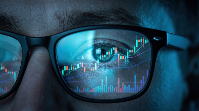 Close-up of eyes with glasses reflecting stock market candlestick charts, representing financial analysis, trading vision and investment focus.