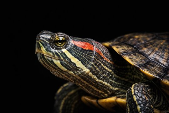Striking close up of a red eared slider turtle featuring sharp details and black background copy space