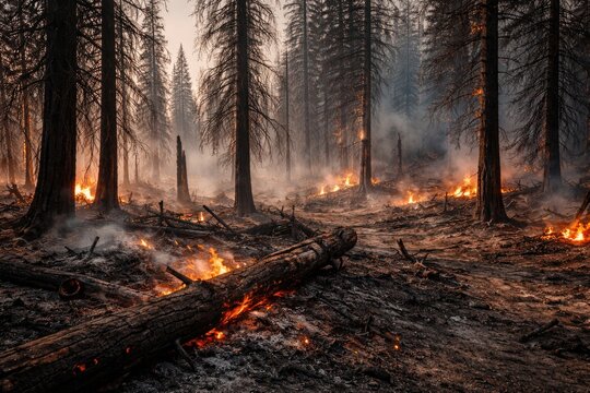 Wildfire affected forest featuring severely damaged and burnt trees