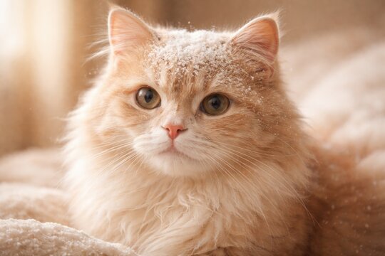 Close up shot of a fluffy yellow cat with rice flour dust on head and gentle soft background