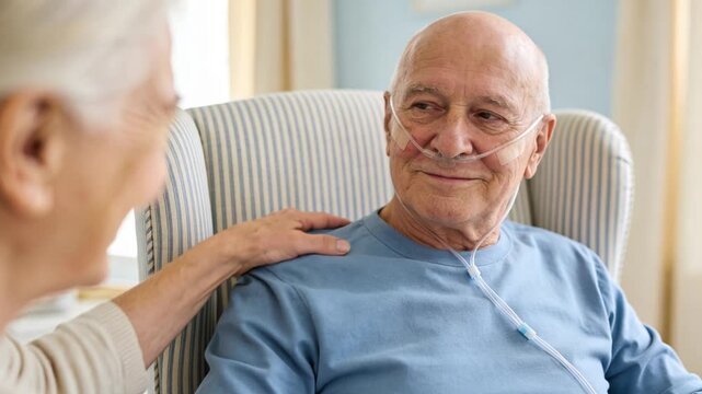 Elderly man wearing nasal oxygen cannula receiving emotional support from wife during home care recovery.