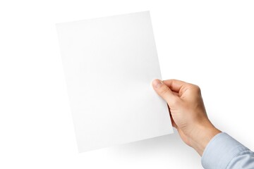 Fototapeta premium Single hand holding sheet of paper isolated on white background with copy space