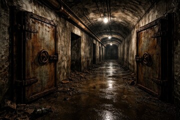 Obraz premium Empty military bunker with rusted doors and cracked concrete