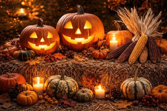 Thanksgiving themed composition with glowing jack o lanterns, decorative squash, and dried corn on a hay bale