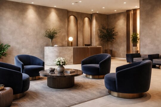Stylish reception lobby interior featuring navy chairs and textured microcement plaster walls in taupe