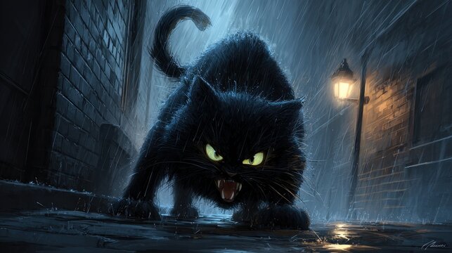 Ferocious Cat Snarl: Dramatic Digital Art of an Arched Back and Bared Teeth