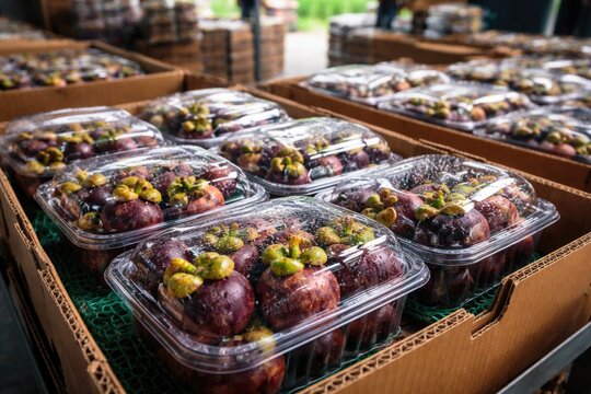 Market bound mangosteen fruit packed for meal preparation shipment