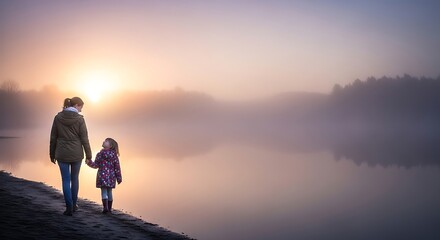 Fototapeta premium Mother and Young Child Walking by Misty Lake at Sunrise