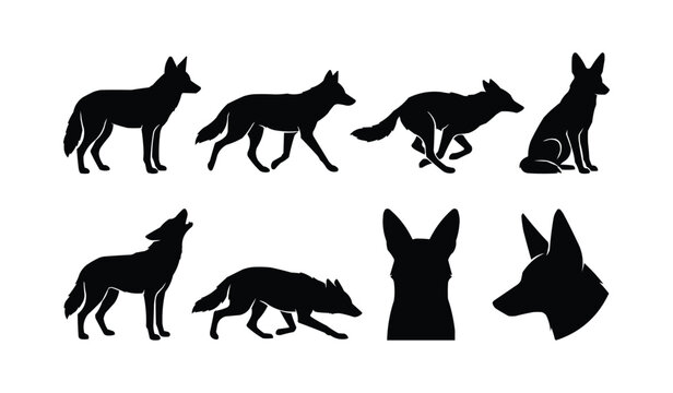 Coyote Silhouette Vector Set - Wild Wolf and Jackal Icons in Running, Howling, and Sitting Poses