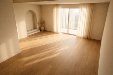 Fototapeta premium Unfurnished minimalist interior space glowing with soft daylight and warm neutral beige walls viewed from high angle
