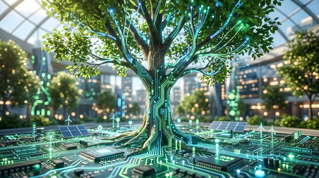 Futuristic bio digital tree growing from a computer circuit board in a sustainable city with solar panels and wind turbines for clean energy