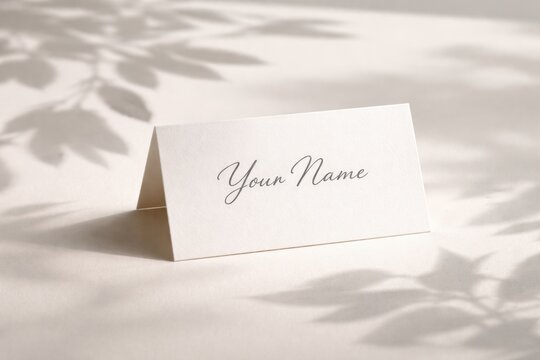 Wedding place card mockup with a folded white name card casting leaf shadows on a plain background