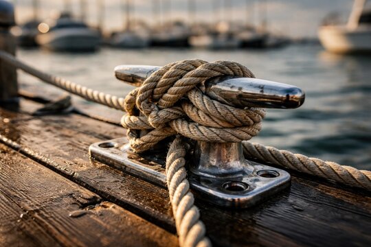 Harbor dock cleat bound by knotted marine rope for secure vessel mooring