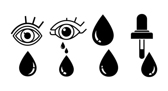 set of eye and droplet icons for medicine or eye care concepts