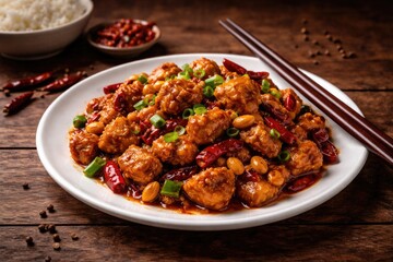 Fototapeta premium Szechuan style kung pao chicken arranged on a white plate with chopsticks over wooden backdrop and copy space