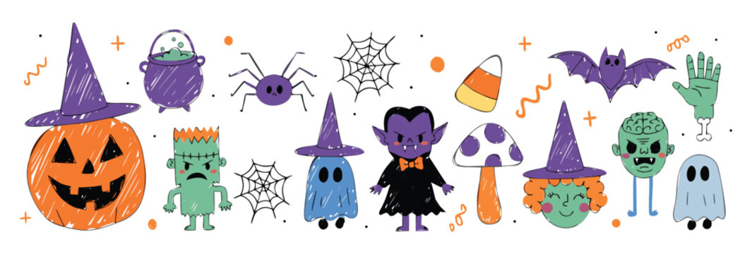 Cute halloween characters set including jack o lantern pumpkin ghost and vampire with mummy frankenstein monster and spider hand drawn black and white vector illustration for kids party.