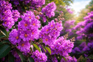 Obraz premium Striking purple flowers of Lagerstroemia speciosa flourishing against a vibrant garden backdrop