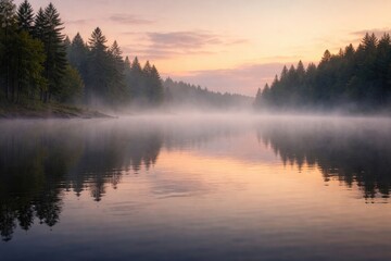 Fototapeta premium Calm water surface covered in mist at dawn near forested land