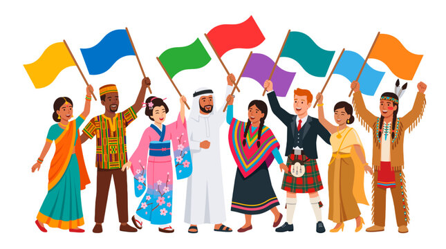 A diverse group of individuals united, waving flags in celebration of unity and global togetherness
