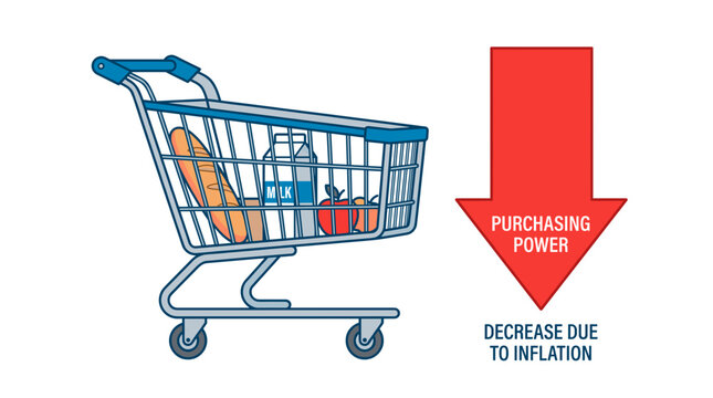 A shopping cart with groceries illustrating purchasing power decrease due to inflation. A red arrow pointing downwards shows the effect of inflation on buying capacity