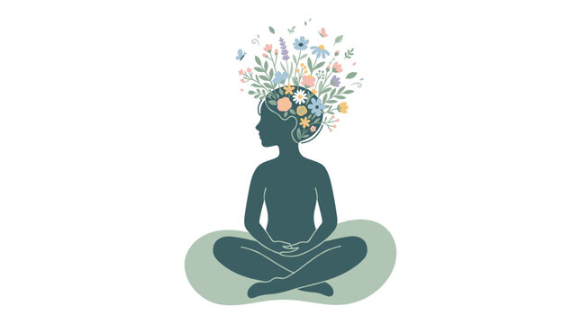 Serene silhouette of a person meditating with a floral mind, symbolizing inner peace and mental clarity. 