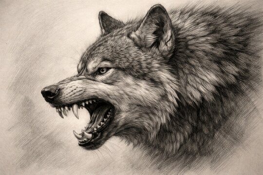 portrait drawing from side angle of a wolf with exposed teeth