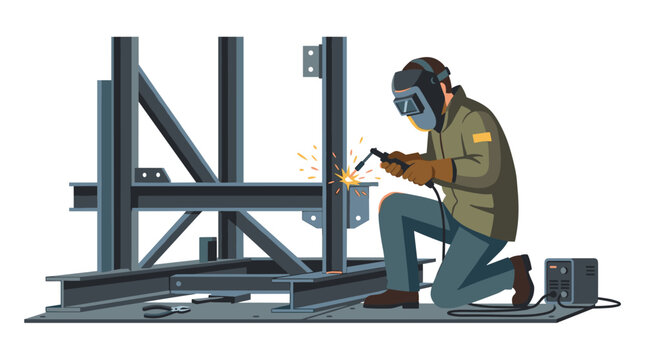 A professional welder wearing a protective mask creates bright sparks while joining large industrial steel beams on a metal floor in a clean environment.